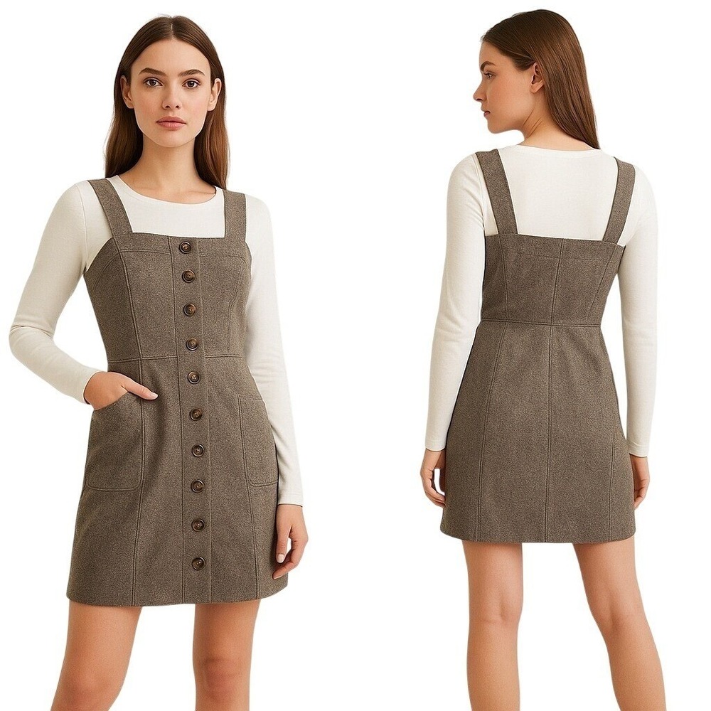 Copper Key Women's Size S Brown Tweed Pinafore‎ Dress Button Front Jumper EUC